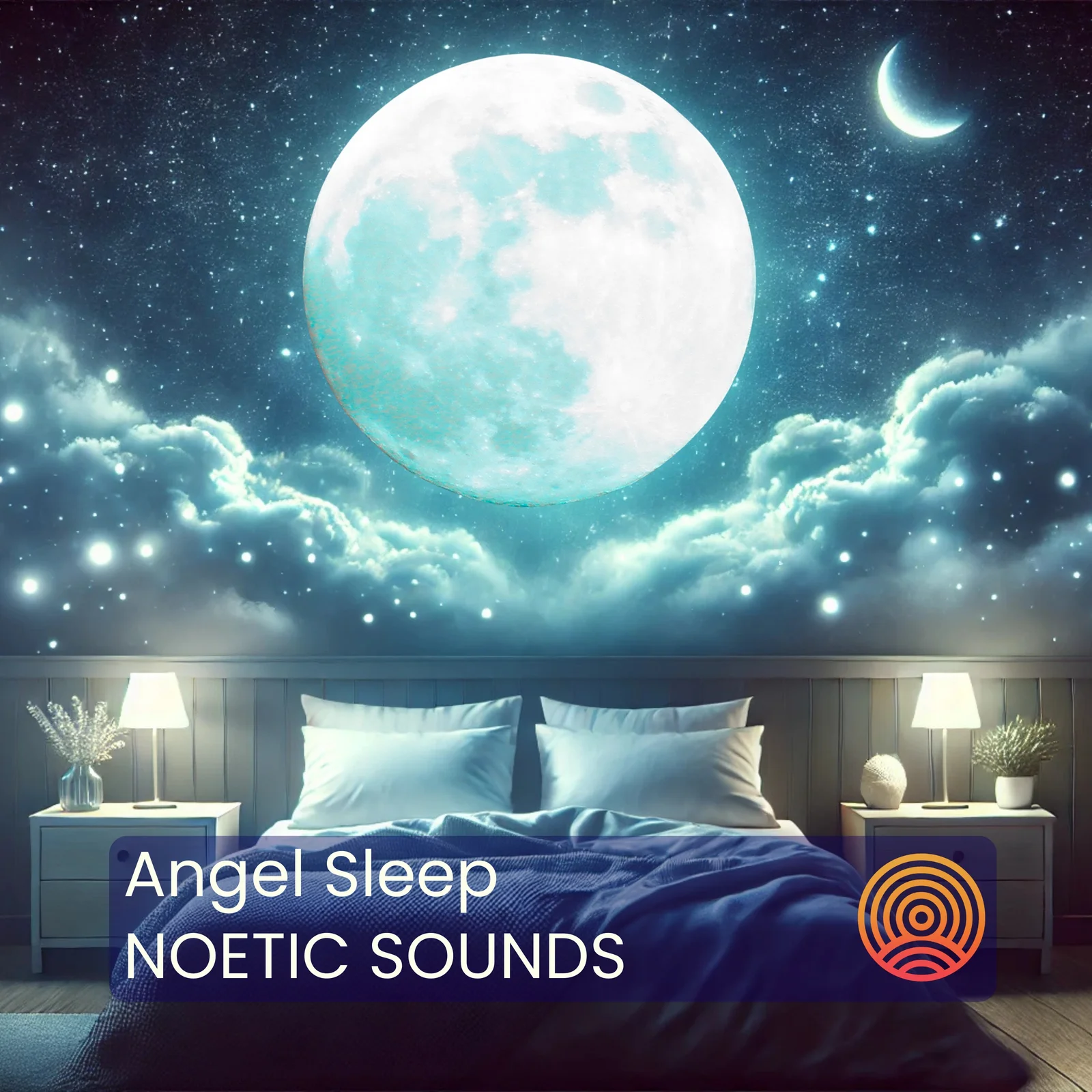 Angel Sleep cover artwork with a luminous moon above a tranquil bedroom scene and star-filled clouds.